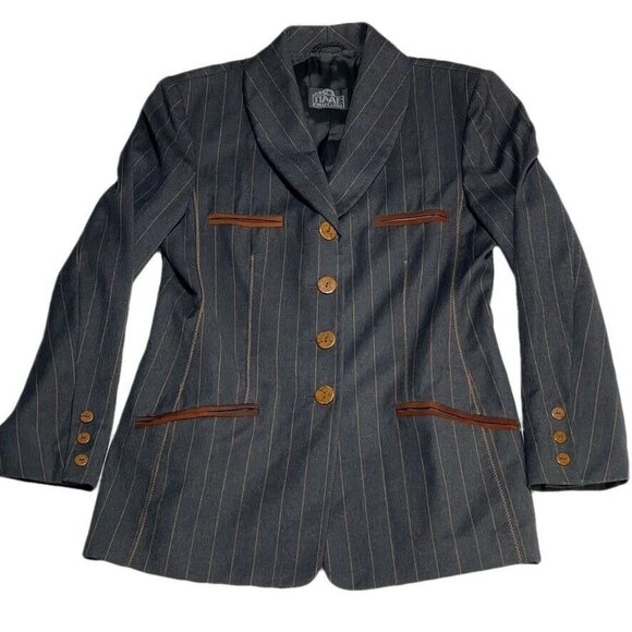 Vtg Time Collection Pinstripe Wool Blend Blazer W/ Leather Trim Pockets - Picture 1 of 11